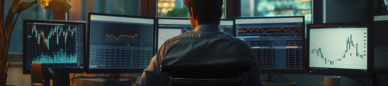 A financial analyst looking at data on terminals