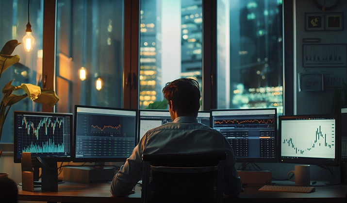 A financial analyst looking at data on terminals