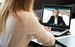  2021/10/online-conversation-245.jpg Businesswoman making video call to business partner using laptop, looking at screen with virtual web chat, contacting client by conference, talking on webcam, online consultation, hr concept, close up