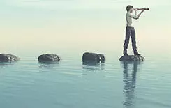  2021/10/steps-discover-245.jpg The young man sits on a large stone in the middle of the sea and looks through the binoculars. This is a 3d render illustration