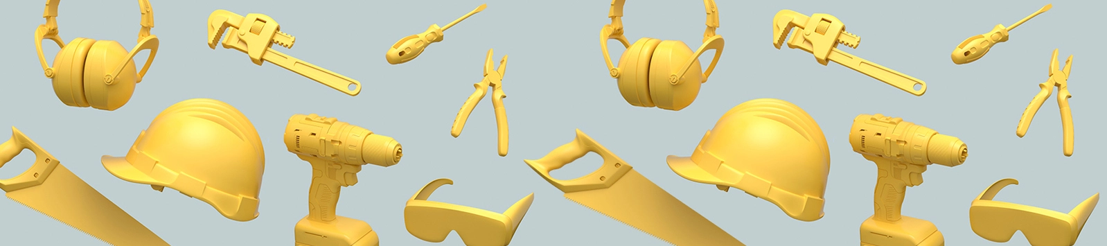 Flying view of yellow construction tools