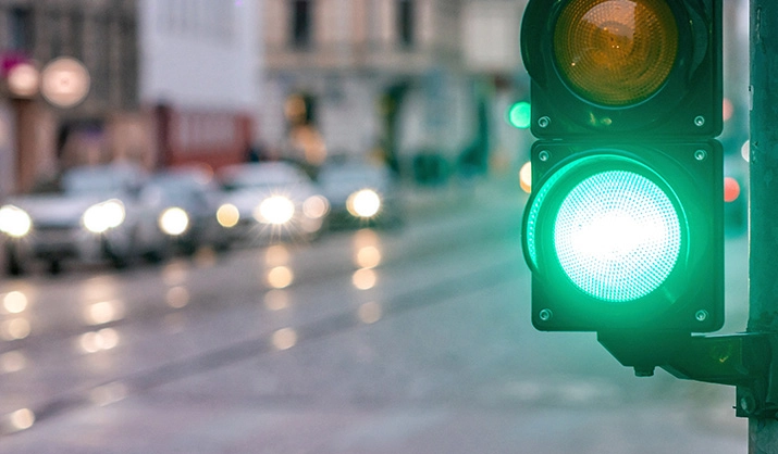 Green light on city street