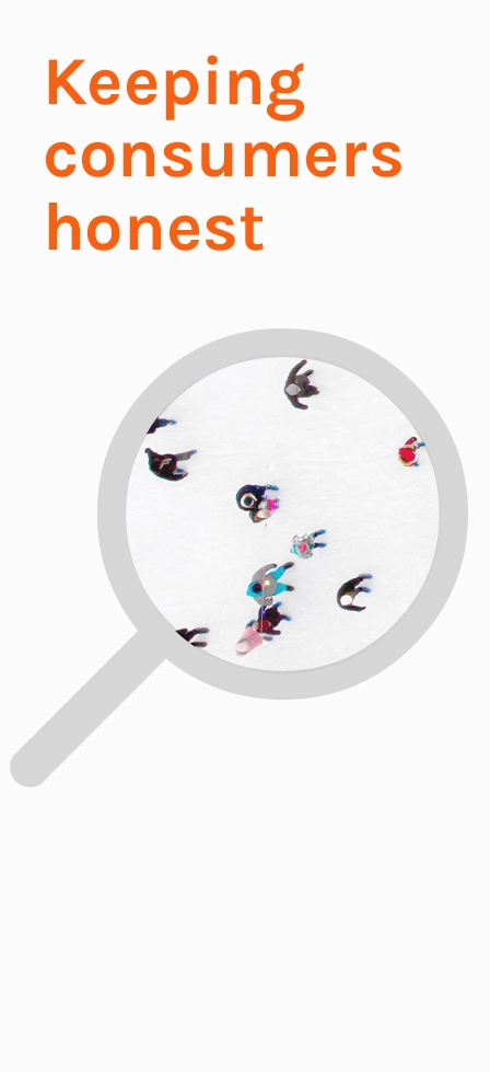 Keeping consumers honest (sidebar title) with image of tiny people inside a magnifying glass