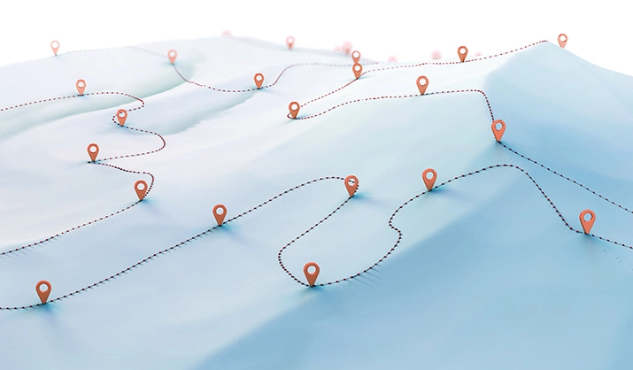 3d illustration of an imaginary map landscape with multiple connecting points plotted