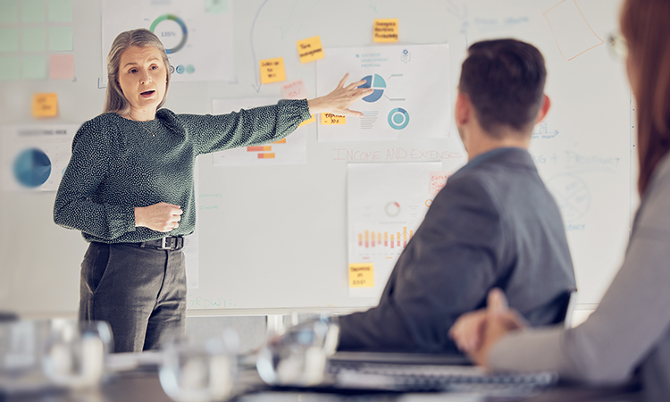 Businesswoman making whiteboard presentation to marketing team