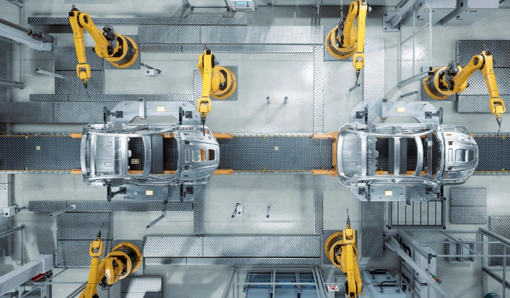 Aerial View of Car Factory Assembly Line