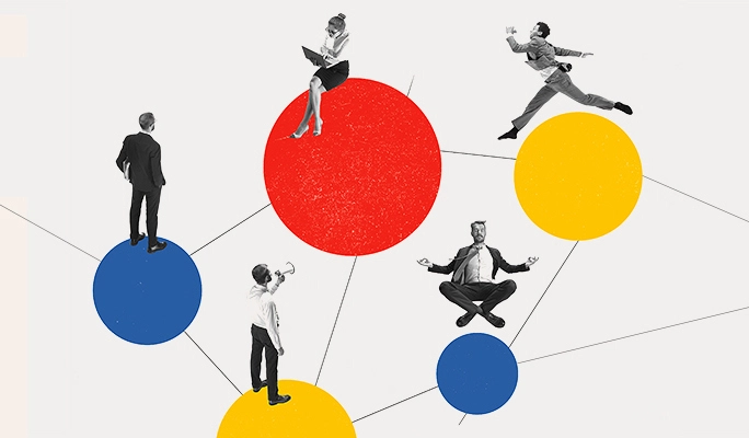 Illustrated collage of business people working together with large shapes