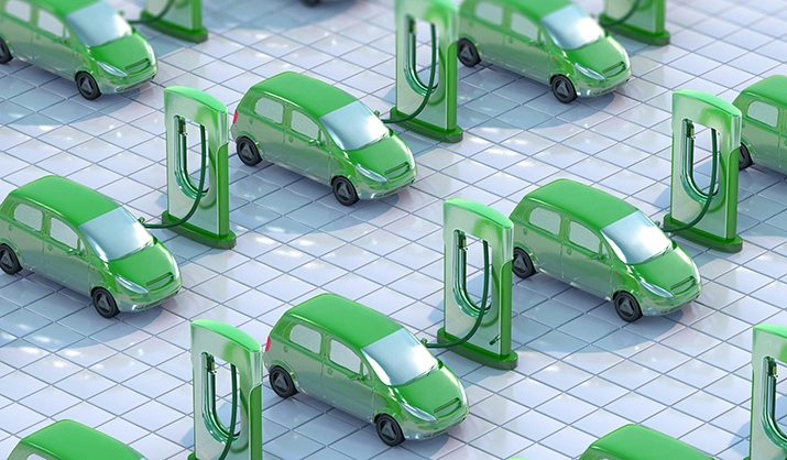 small green cars and charging stations on a tile floor