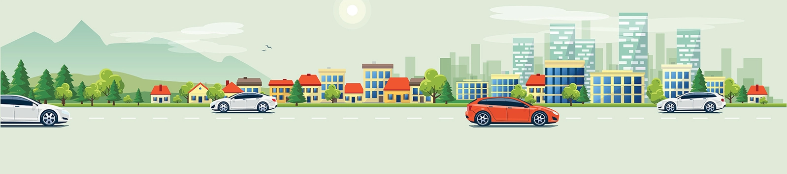 Illustration of cars in scene with mountains, a town, and a city.