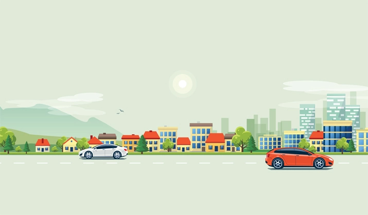 Illustration of cars in scene with mountains, a town, and a city.