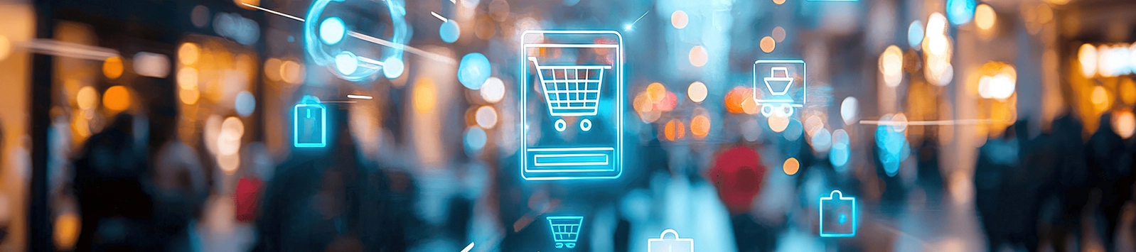 digital shopping icons overlaying a vibrant urban scene