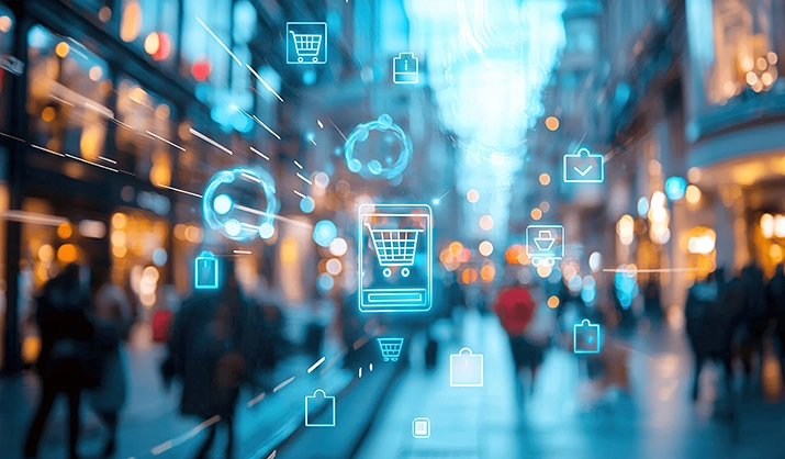 digital shopping icons overlaying a vibrant urban scene