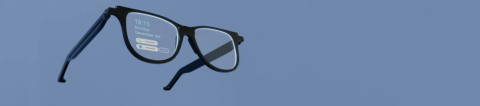 Rendering of black framed AR glasses on grey-blue background