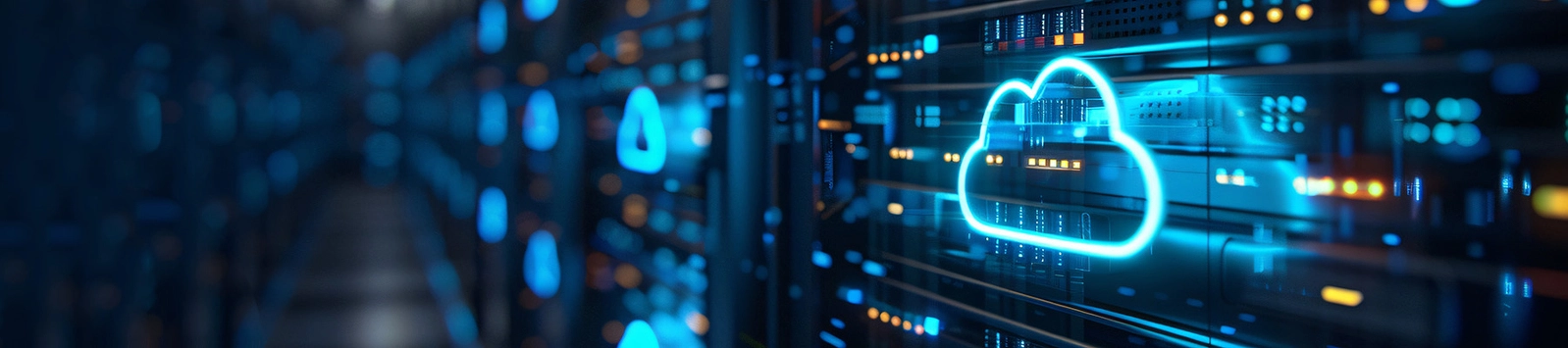 Data center with glowing blue lights and a cloud computing icon