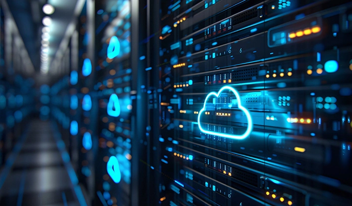 Data center with glowing blue lights and a cloud computing icon
