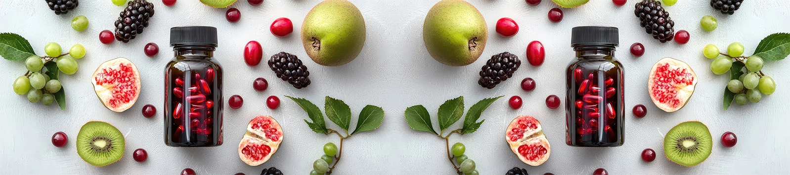 Overhead photo of an array of nutritional supplements and fresh fruits