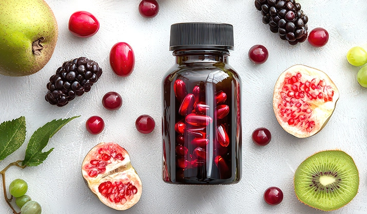 Overhead photo of an array of nutritional supplements and fresh fruits