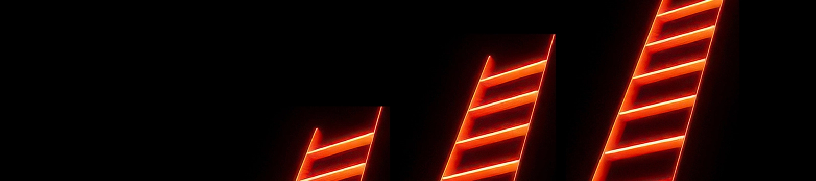 Illuminated ladders with bright orange-red lines against black backdrop