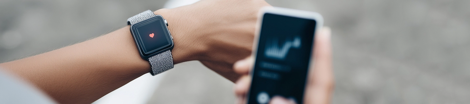 A closeup of smartwatch on runner wrist displaying heart icon, with blurred smartphone in hand, showing fitness tracking and wearable tech