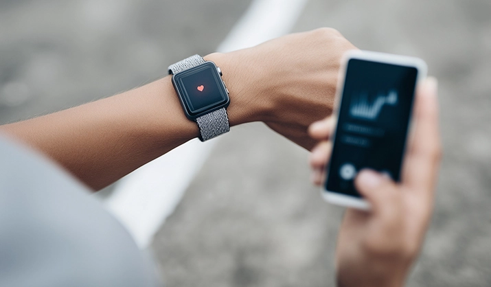 A closeup of smartwatch on runner wrist displaying heart icon, with blurred smartphone in hand, showing fitness tracking and wearable tech